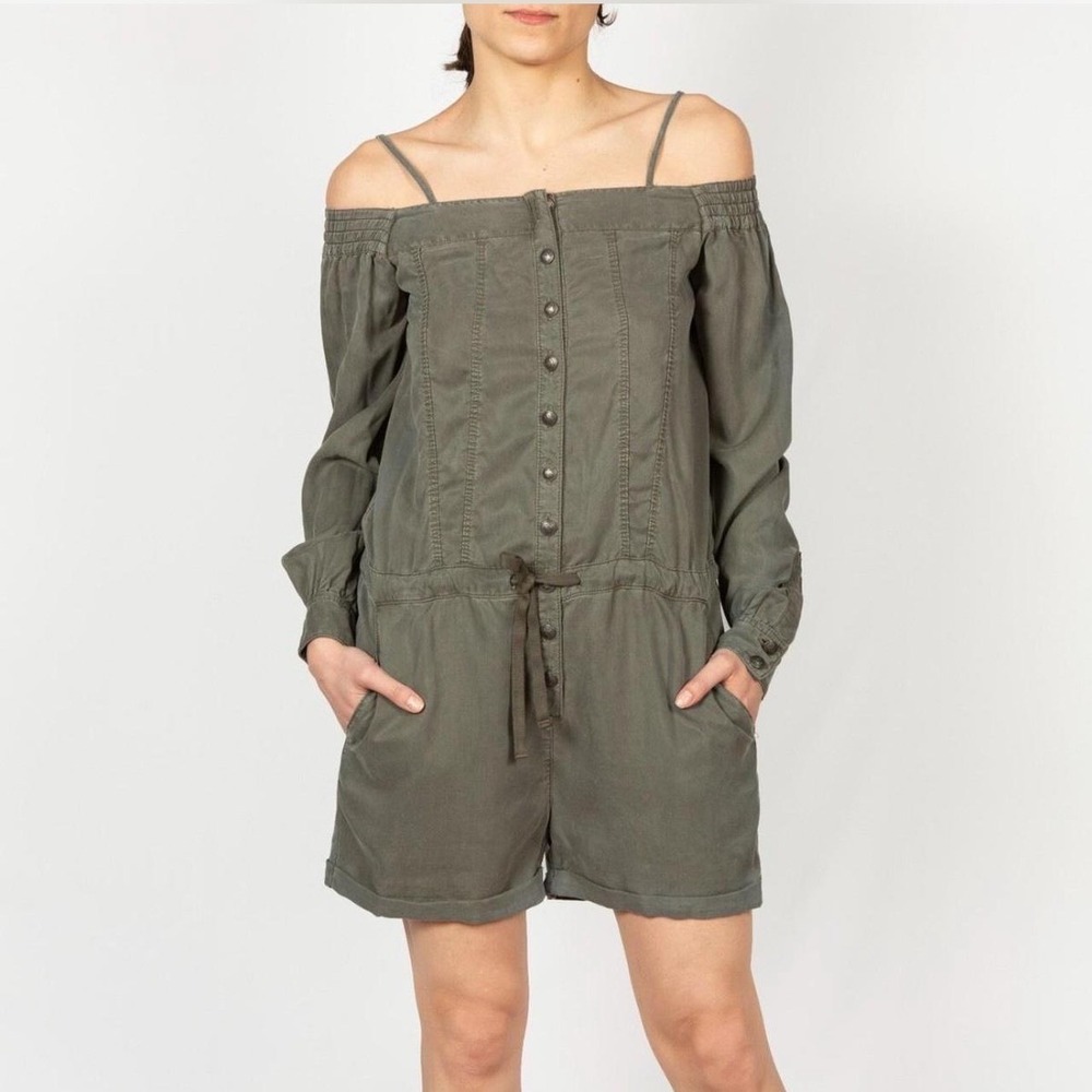 NEW The Kooples Jeans Green Romper Size S Off The Shoulder Long Sleeve Utility